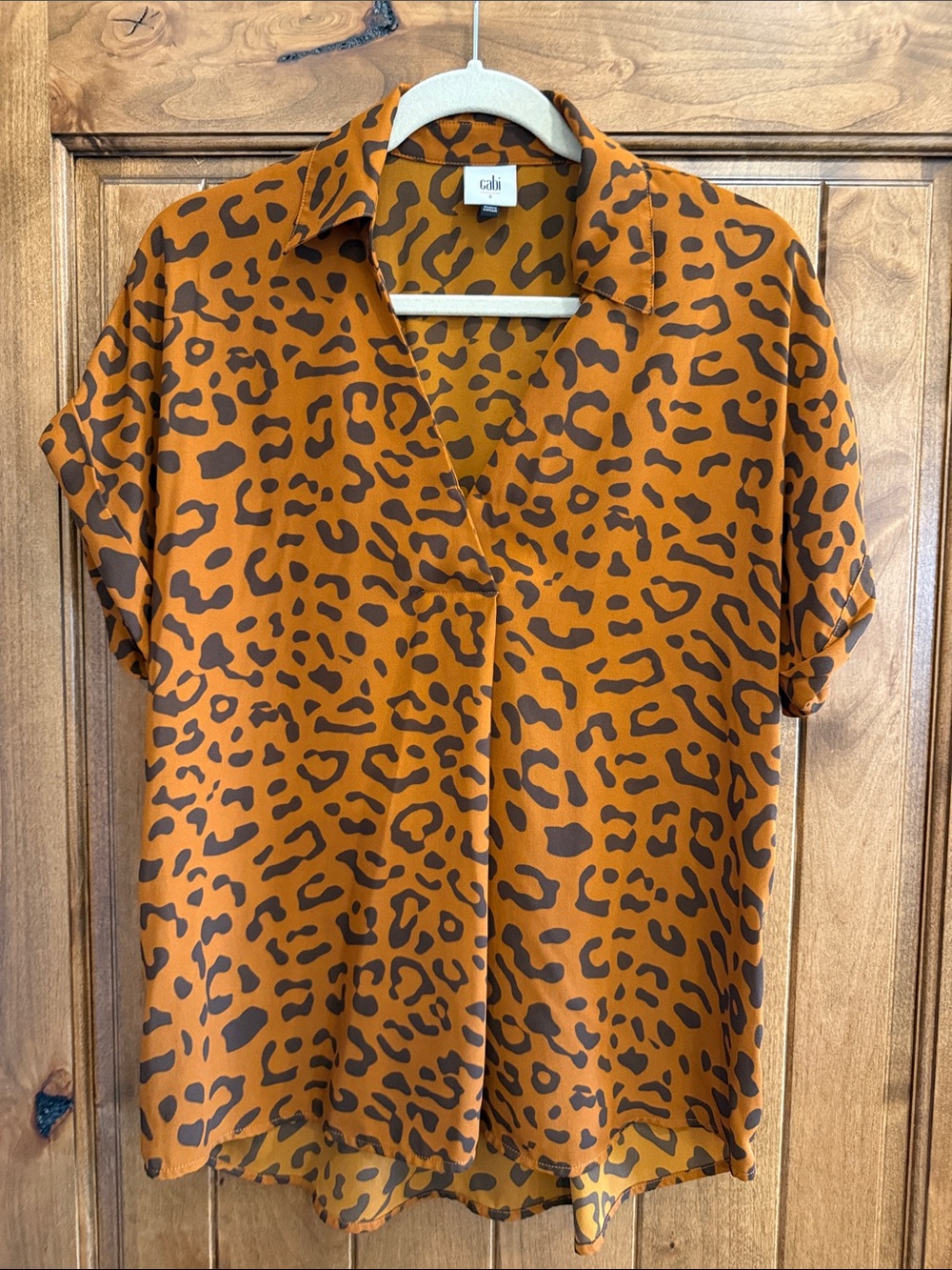 CAbi Replay Top Orange and Brown Leopard Print Button-Down Top